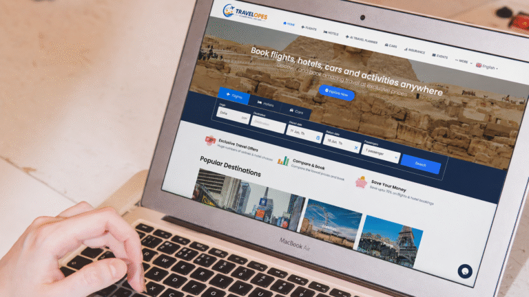 Wonder & Travel hotel and flight booking website displayed on a laptop screen